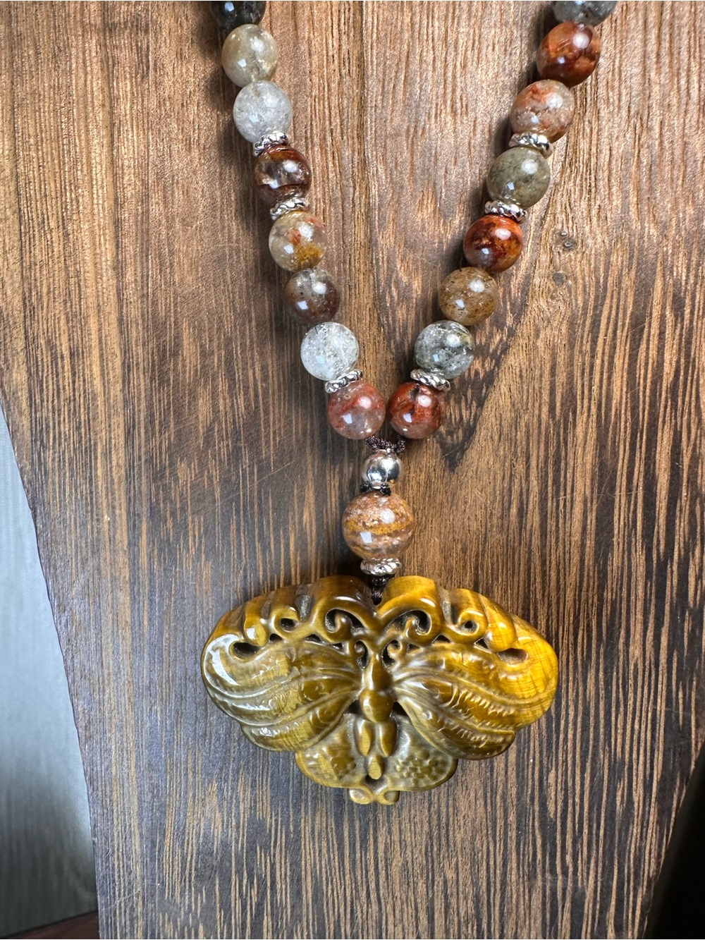 Tiger’s Eye Moth Pendant Necklace on Half Beaded Brown Adjustable Rope - Picture 5 of 15